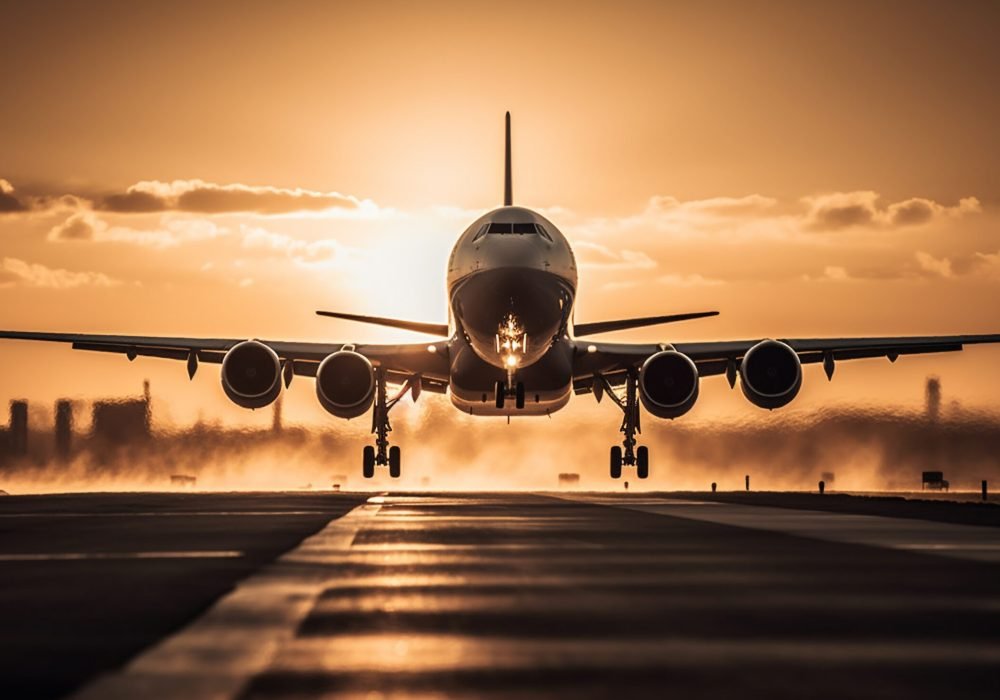 Passenger airplane taking off at dusk sky generated by artificial intelligence